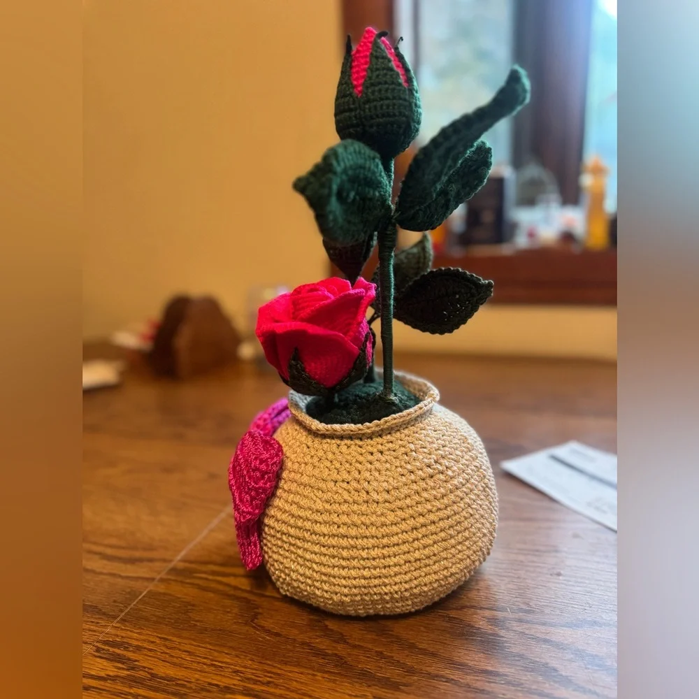 Handcrafted‎ Pink Rose Crochet Vase